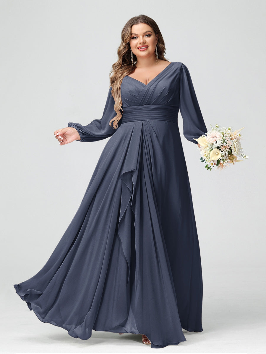 A-Line/Princess V-Neck Long Sleeves Chiffon Ruffles Plus Size Bridesmaid Dresses with Pockets