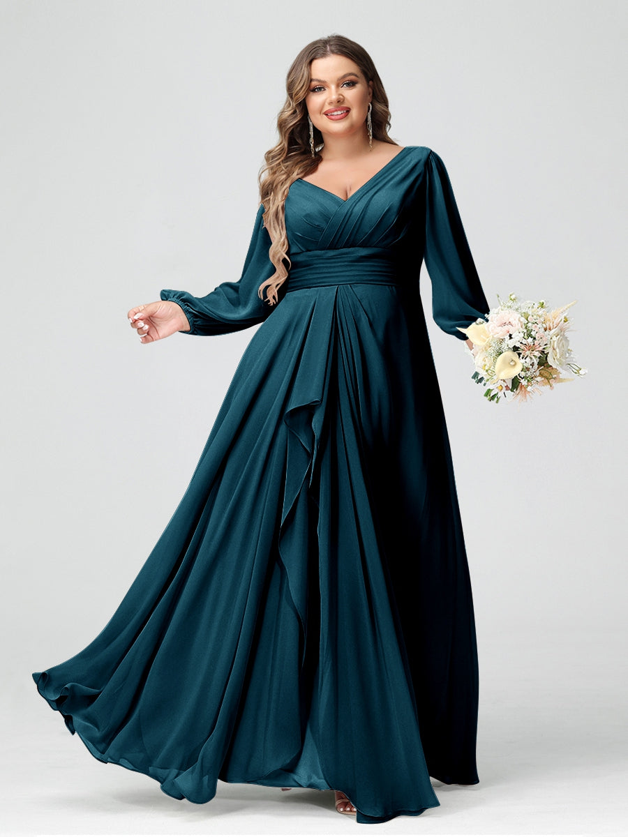 A-Line/Princess V-Neck Long Sleeves Chiffon Ruffles Plus Size Bridesmaid Dresses with Pockets