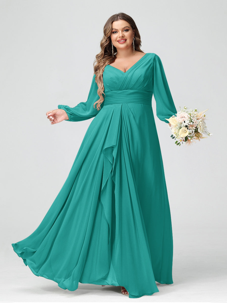 A-Line/Princess V-Neck Long Sleeves Chiffon Ruffles Plus Size Bridesmaid Dresses with Pockets