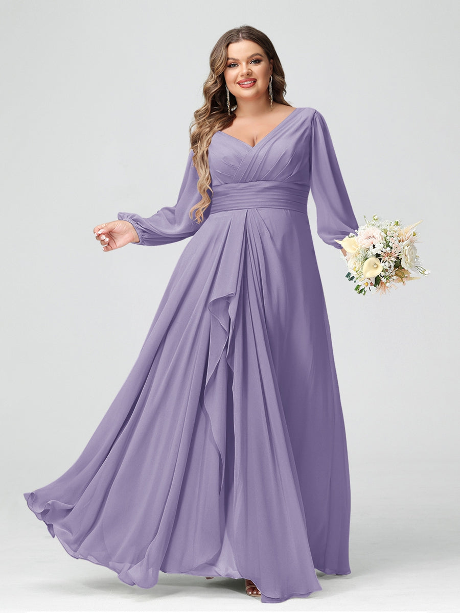 A-Line/Princess V-Neck Long Sleeves Chiffon Ruffles Plus Size Bridesmaid Dresses with Pockets