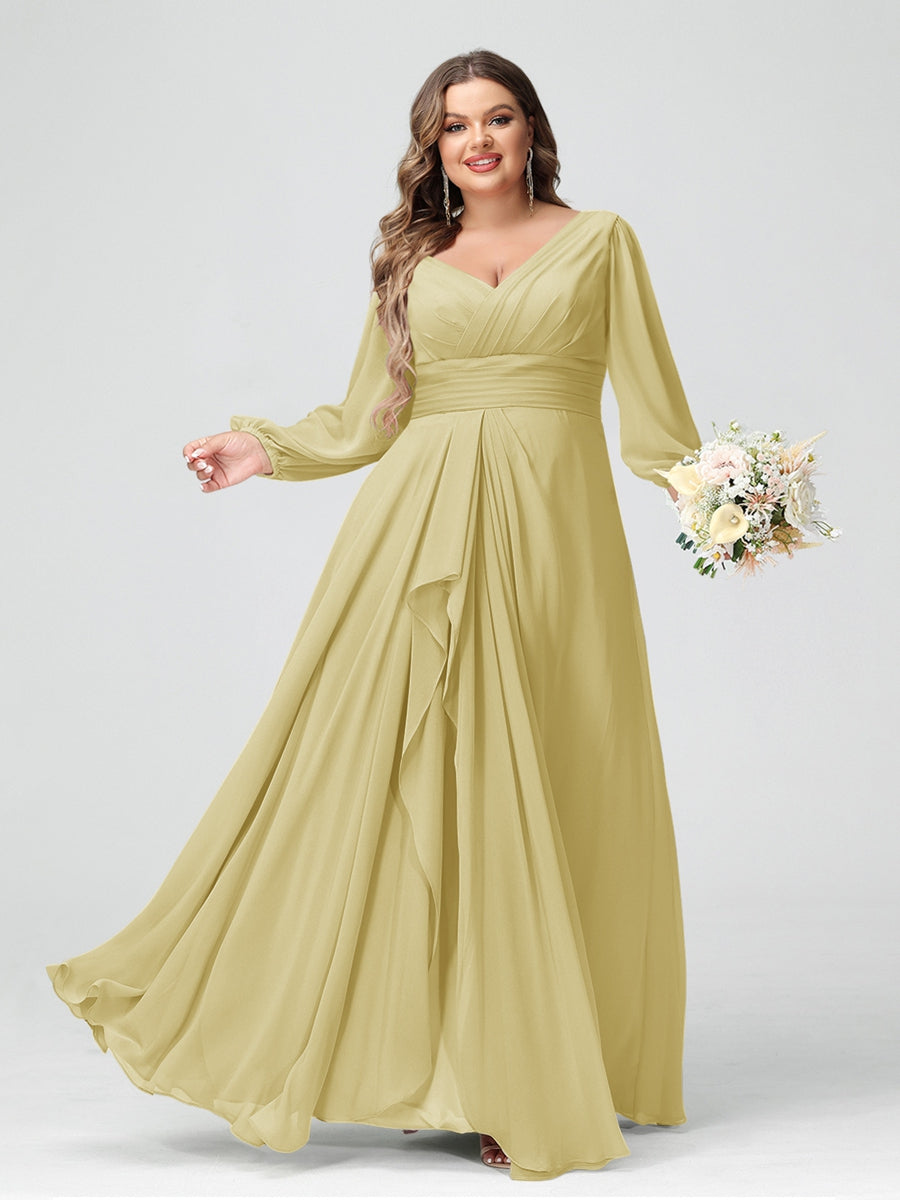 A-Line/Princess V-Neck Long Sleeves Chiffon Ruffles Plus Size Bridesmaid Dresses with Pockets