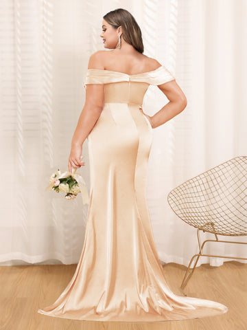 Sheath/Column Off-The-Shoulder Long Formal Plus Size Dresses with Split Side & Ruched