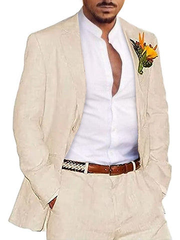 Men's Tailored Fit Single Breasted Two-buttons 2 Pieces Solid Colored Linen Suits
