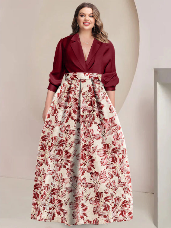 A-Line/Princess Shirt Collar 3/4 Sleeves Printed Flower Plus Size Mother of the Bride & Groom Dresses