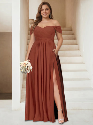 A-Line/Princess Off-the-Shoulder Sleeveless Chiffon Plus Size Bridesmaid Dresses with Pockets