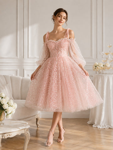 A-Line Princess Sweetheart Long Sleeve Sequined Tulle Mini Cocktail Dress