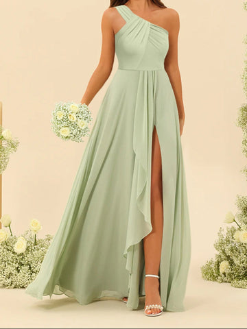 A-Line/Princess One-Shoulder Sleeveless Long Bridesmaid Dresses with Split Side