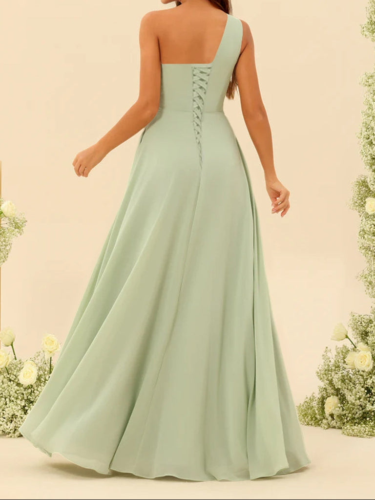 A-Line/Princess One-Shoulder Sleeveless Long Bridesmaid Dresses with Split Side