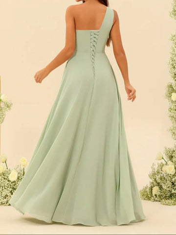A-Line/Princess One-Shoulder Sleeveless Long Bridesmaid Dresses with Split Side