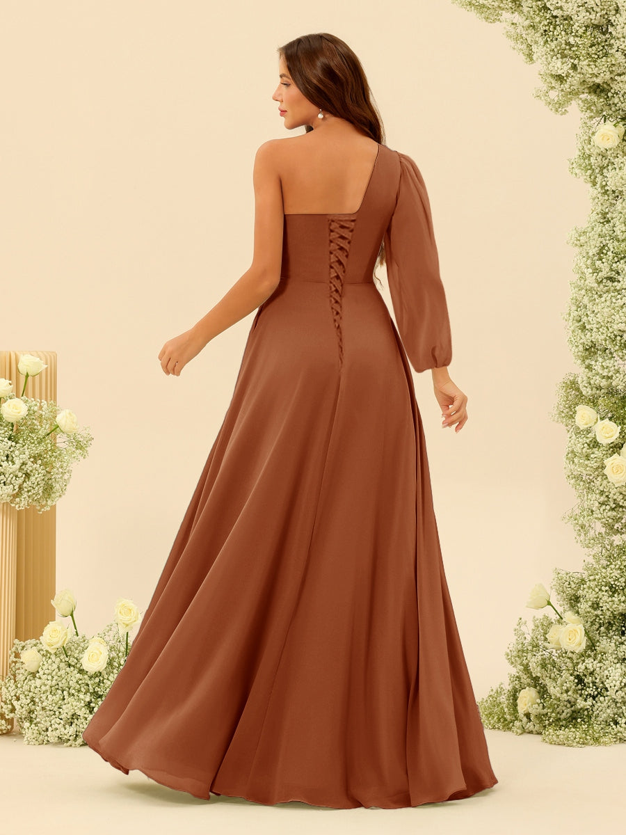 A-Line/Princess One-Shoulder Long Bridesmaid Dresses with Split Side