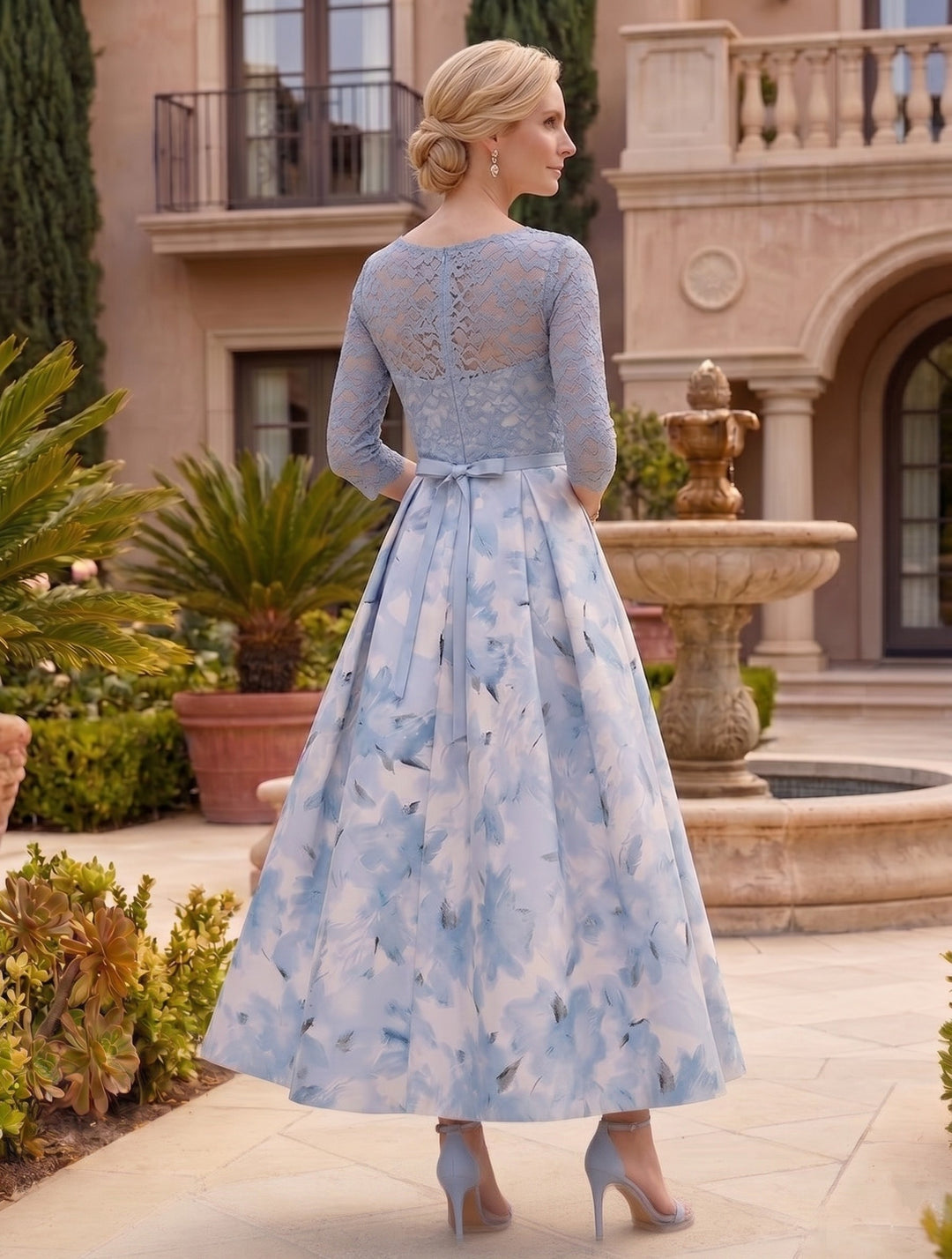 A-Line/Princess Scoop Satin Mother of the Bride Dresses Lace Ankle-Length Half Sleeves Printed Flower