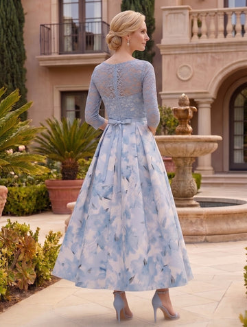 A-Line/Princess Scoop Satin Mother of the Bride Dresses Lace Ankle-Length Half Sleeves Printed Flower