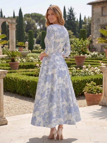 A-Line/Princess V-Neck Jacquard Mother of the Bride Dresses Floral Tea-Length Half Sleeves Ruffles