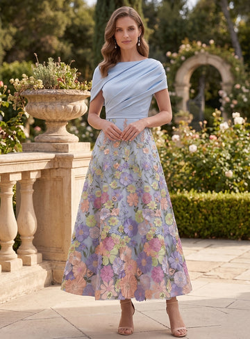 A-Line/Princess Boat Neck Satin Mother of the Bride Dresses Floral Tea-Length Short Sleeves Ruched