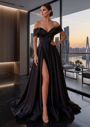 A-Line Off-the-Shoulder Satin Floor-Length Formal Evening Dress