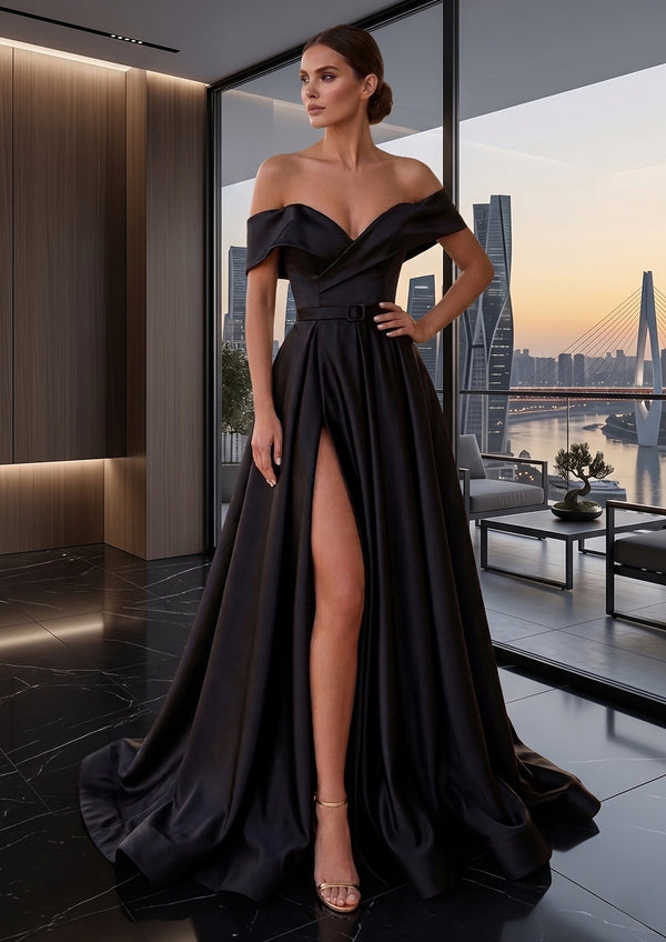 A-Line Off-the-Shoulder Satin Floor-Length Formal Evening Dress