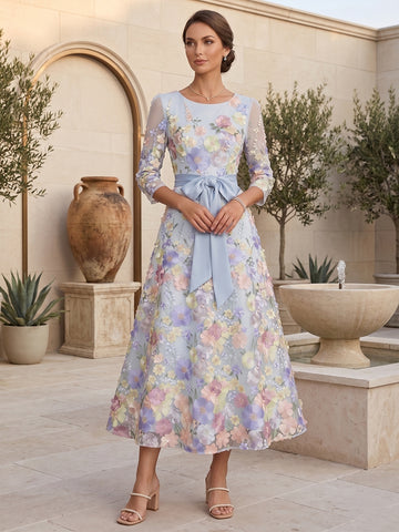 A-Line/Princess Scoop Lace Mother of the Bride Dresses Floral Embroidery Tea-Length 3/4 Sleeves Bowknot
