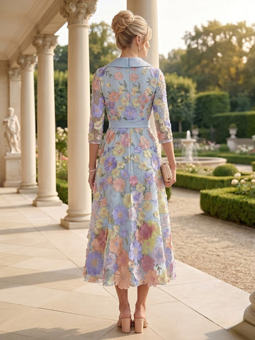 A-Line/Princess V-Neck Satin Mother of The Bride Dresses 3/4 Sleeves Lace Floral Tea-Length Bowknot