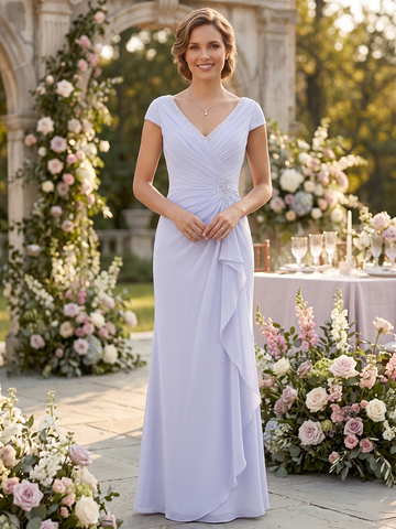 Sheath/Column V-Neck Short Sleeves Floor-Length Mother of the Bride Dresses With Ruffles & Appliques