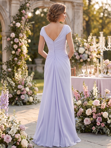 Sheath/Column V-Neck Short Sleeves Floor-Length Mother of the Bride Dresses With Ruffles & Appliques