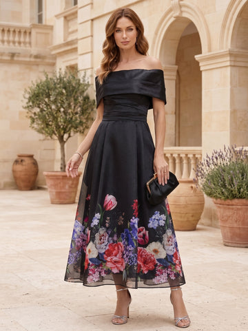 A-Line/Princess Off-the-Shoulder Sleeveless Ankle-Length Satin Mother of the Bride Dresses with Printed Organza Skirt