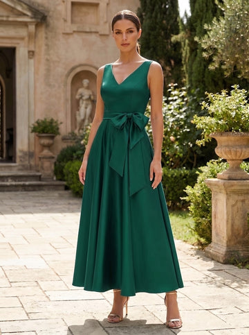 A-Line/Princess V-Neck Sleeveless Ankle-Length Mother of the Bride Dresses with Pockets & Ruffles