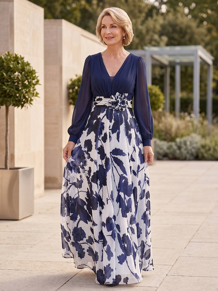 navy blue back floral print mother of the bride dress