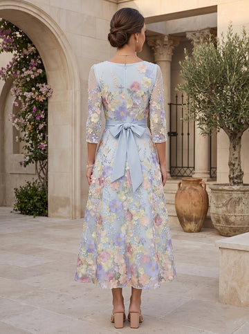 A-Line/Princess Scoop Lace Mother of the Bride Dresses Floral Embroidery Tea-Length 3/4 Sleeves Bowknot