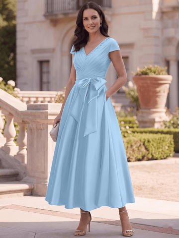 A-Line/Princess V-Neck Short Sleeves Ankle-Length Mother of the Bride Dresses With Pockets & Ruffles