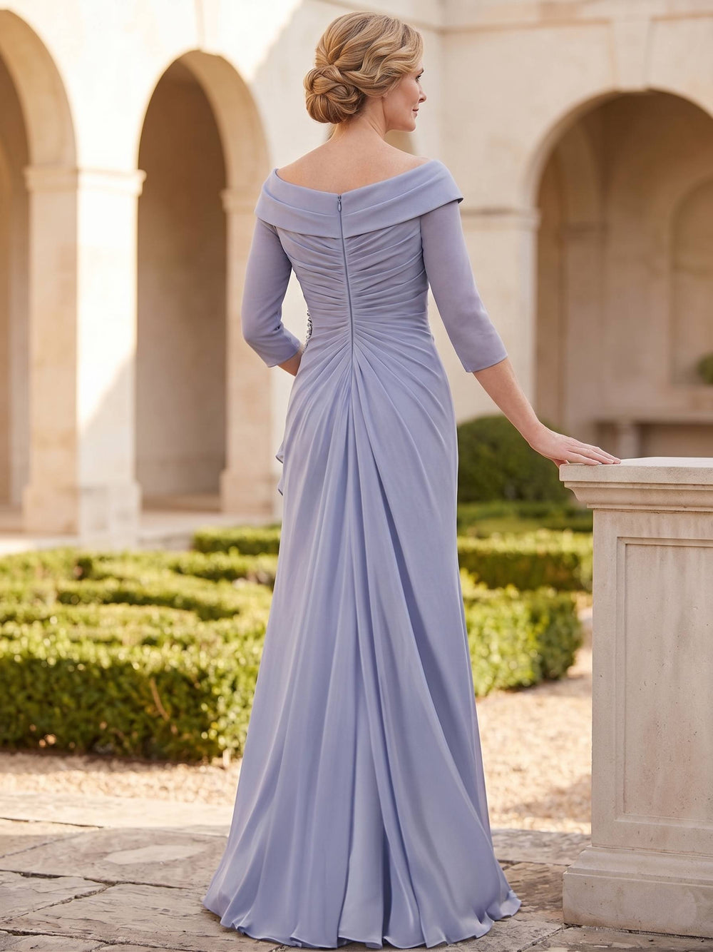 Sheath/Column V-Neck Half Sleeves Floor-Length Mother of the Bride Dresses with Ruffles & Appliques