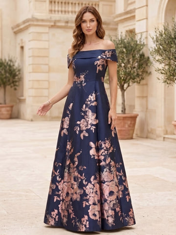 A-Line/Princess Off-the-Shoulder Sleeveless Floor-Length Jacquard Mother of the Bride Dresses Elegant Formal Floral Dresses with Back Zipper Pleated