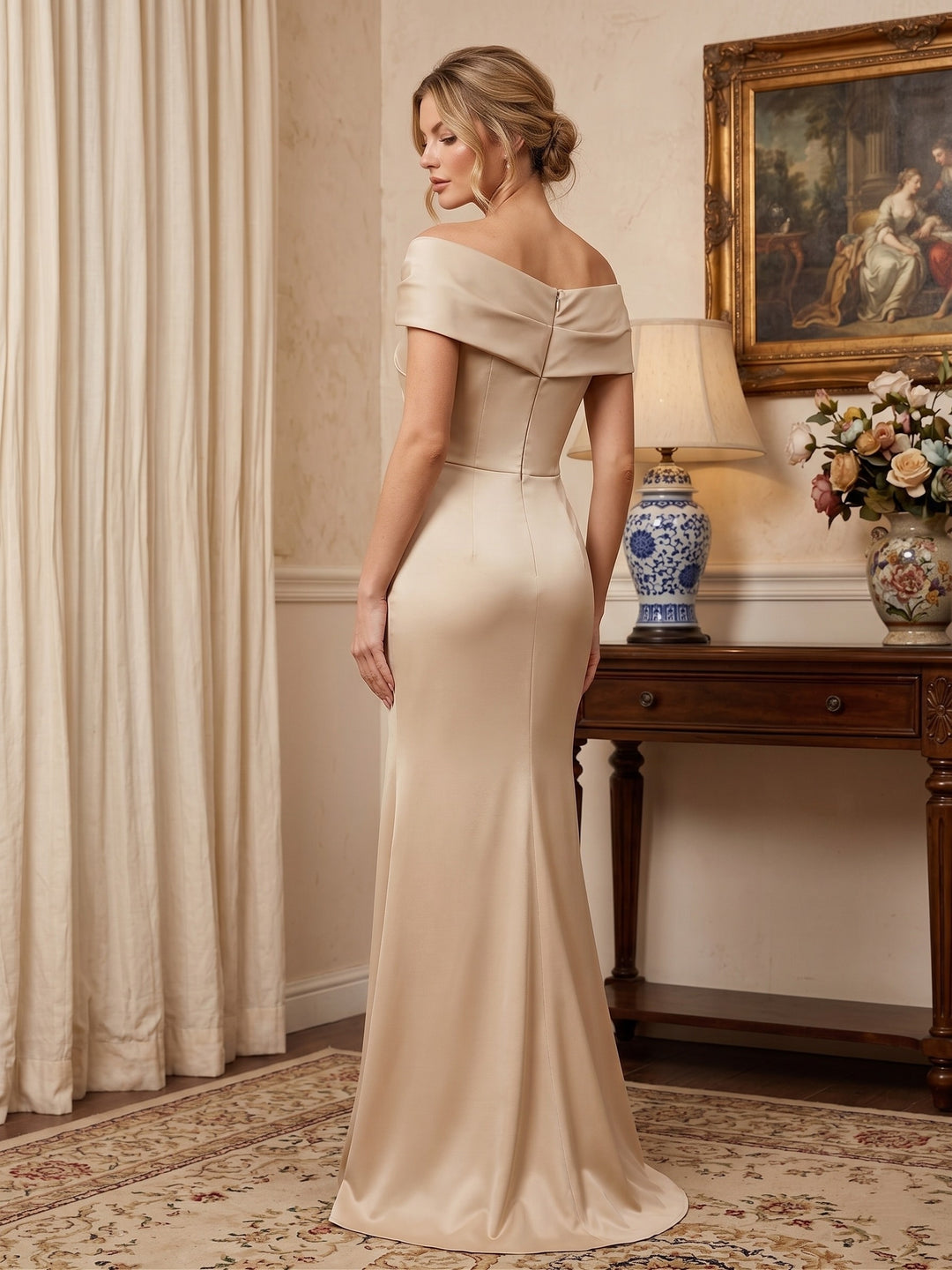Sheath/Column Off-the-Shoulder Satin Mother of the Bride Dresses with Split Side Sleeveless Floor-Length Ruched