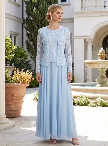 3 Pieces Suit A-Line/Princess Scoop Chiffon Mother of the Bride Dresses with Jacket Lace Floral Ankle-Length Long Sleeves