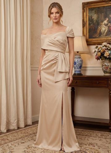 Sheath/Column Off-the-Shoulder Satin Mother of the Bride Dresses with Split Side Sleeveless Floor-Length Ruched