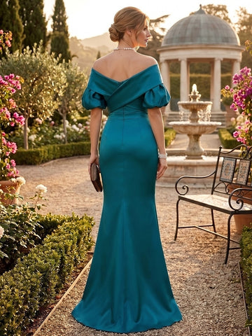 Sheath/Column Off-the-Shoulder Short Sleeves Floor-Length Satin Evening Dresses with Pleated