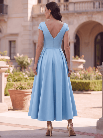A-Line/Princess V-Neck Short Sleeves Ankle-Length Mother of the Bride Dresses With Pockets & Ruffles