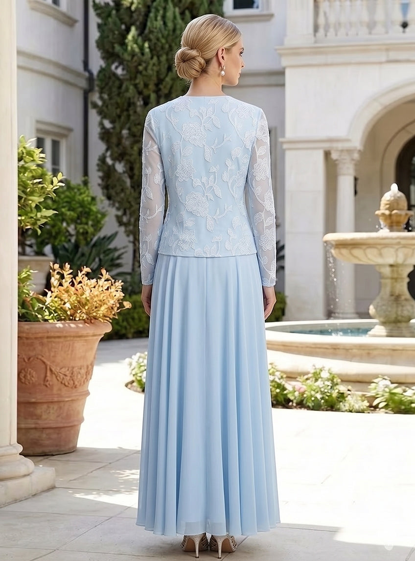 3 Pieces Suit A-Line/Princess Scoop Chiffon Mother of the Bride Dresses with Jacket Lace Floral Ankle-Length Long Sleeves