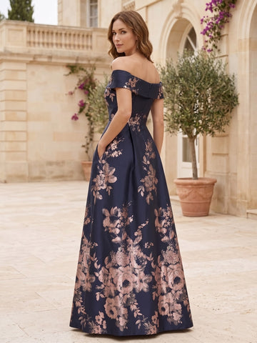 A-Line/Princess Off-the-Shoulder Sleeveless Floor-Length Jacquard Mother of the Bride Dresses Elegant Formal Floral Dresses with Back Zipper Pleated