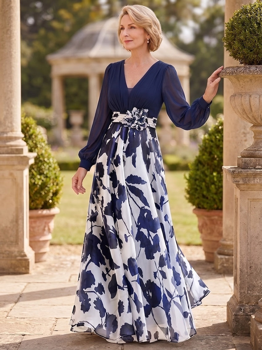 navy blue floral print mother of the bride dress