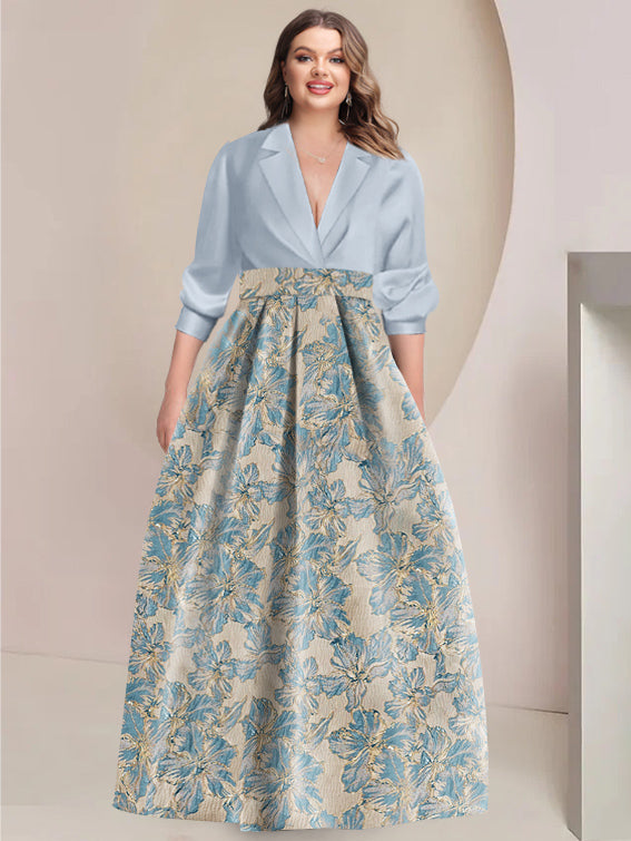 A-Line/Princess Shirt Collar 3/4 Sleeves Printed Flower Plus Size Mother of the Bride & Groom Dresses