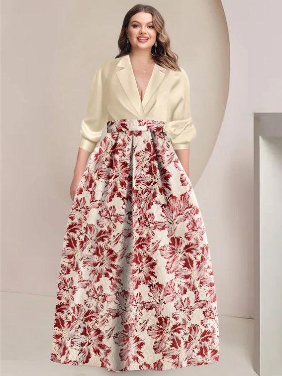 A-Line/Princess Shirt Collar 3/4 Sleeves Printed Flower Plus Size Mother of the Bride & Groom Dresses