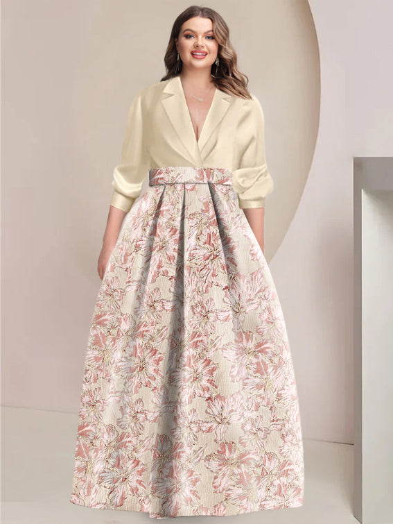A-Line/Princess Shirt Collar 3/4 Sleeves Printed Flower Plus Size Mother of the Bride & Groom Dresses