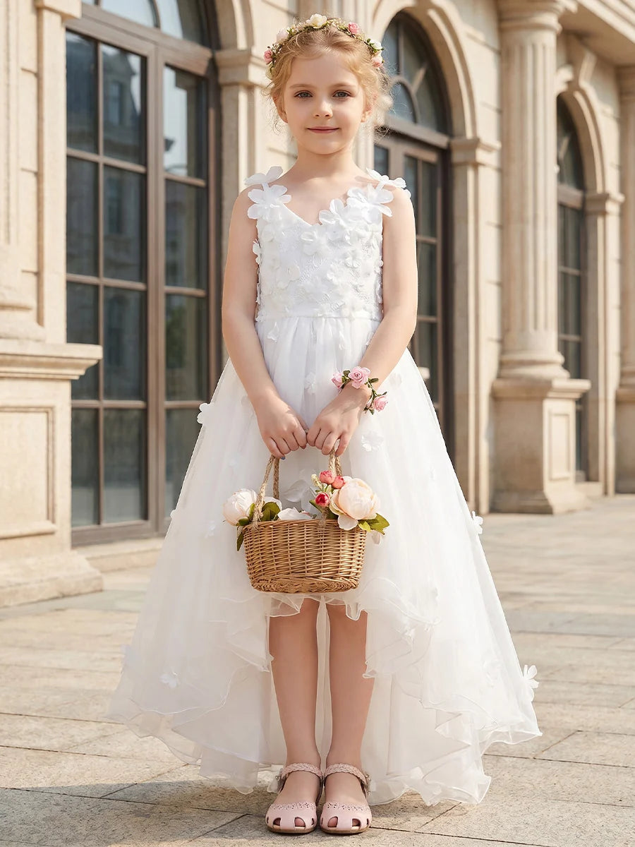A-Line/Princess V-Neck Sleeveless High-Low Flower Girl Dresses Tulle with 3D Flowers&Bowknot