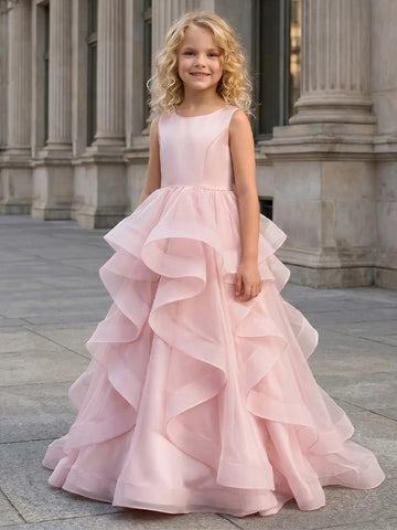 A-Line/Princess Scoop Sleeveless Floor-Length Flower Girl Dresses with Bowknot&Ruffles