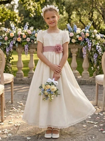 A-Line/Princess Square Collar Satin Flower Girl Dresses with 3D Flower Short Sleeves Ankle-Length
