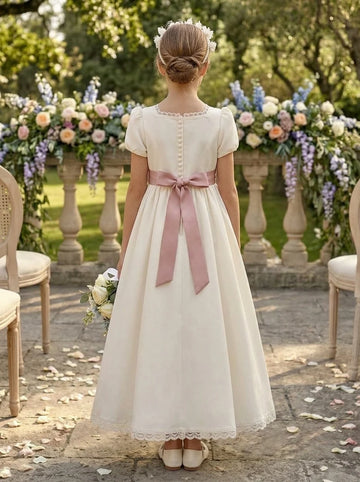 A-Line/Princess Square Collar Satin Flower Girl Dresses with 3D Flower Short Sleeves Ankle-Length