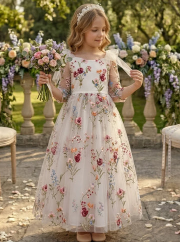 A-Line/Princess Square Collar Tulle Flower Girl Dresses Lace Embroidery 3/4 Sleeves Floral Ankle-Length