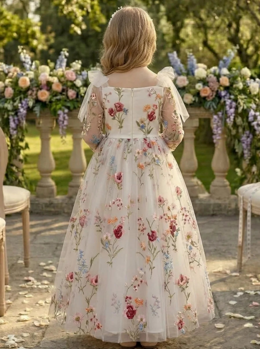 A-Line/Princess Square Collar Tulle Flower Girl Dresses Lace Embroidery 3/4 Sleeves Floral Ankle-Length