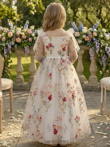 A-Line/Princess Square Collar Tulle Flower Girl Dresses Lace Embroidery 3/4 Sleeves Floral Ankle-Length