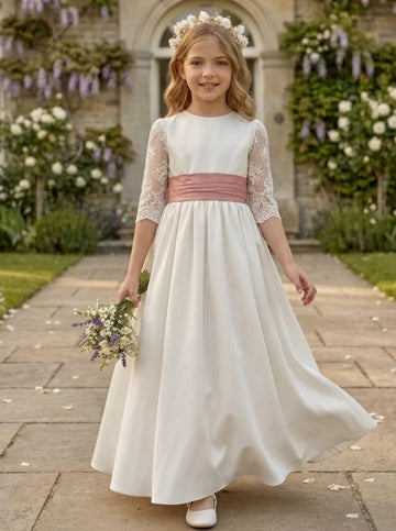 A-Line/Princess Scoop Satin Flower Girl Dresses with Bowknot 3/4 Sleeves Ankle-Length Lace